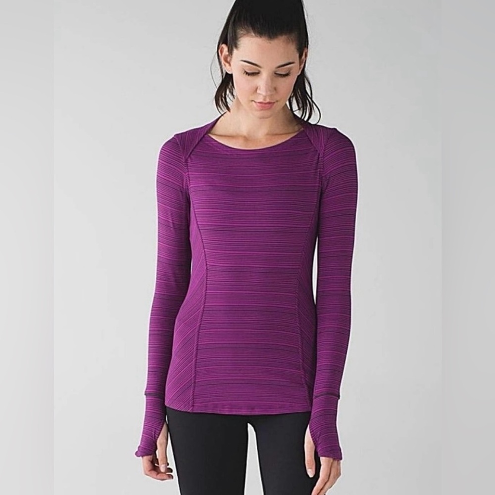 NWOT Lululemon Kanto Catch Me Long Sleeve Regal Plum & Navy Blue Stipped Size 2